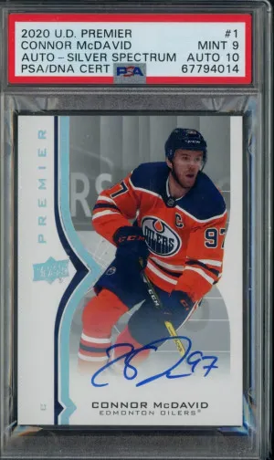 2020 UD Premier Connor McDavid Auto Silver Spectrum PSA 9 / 10 POP 1 front